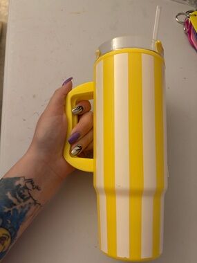 Yellow and White Striped Travel Tumbler with Handle